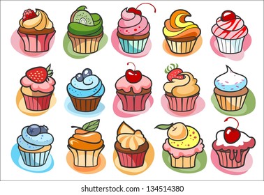 15 colorful delicious cupcakes. vector illustration