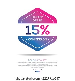 15% de oferta limitada de la Comisión, etiqueta vectorial.
