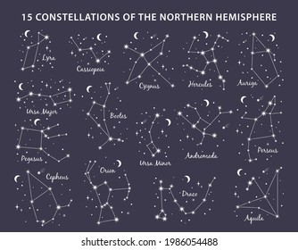 15 Constellations Northern Hemisphere set includes Andromeda, Cassiopeia, Ursa Minor, Ursa Major, Orion, Pegasus, Perseus, Hercules, Aquila, Auriga, Draco, Cepheus. Vector illustration blue background