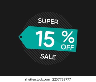 15% coupon discount. Vector price reduction with fifteen percent off.