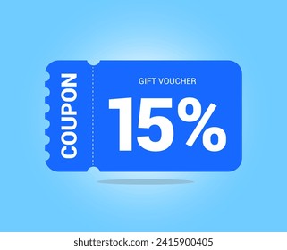 15% coupon promotion sale. Fifteen percent Vector Gift Voucher. Blue discount, lucky ticket, special offer promo. Web, shopping label, percent sign. Special price offers.