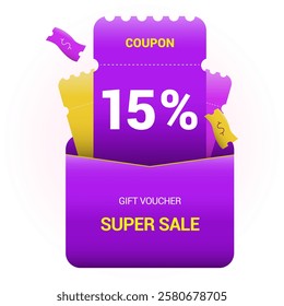 15% coupon promotion sale. Fifteen percent off super sale design. Envelope with paper vouchers and gift voucher. Vector illustration. Purple and yellow style.