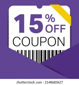 15% Coupon promotion sale for a website, internet ads, social media gift 15% off discount voucher. Big sale and super sale coupon discount. Price Tag Mega Coupon discount with vector illustration.