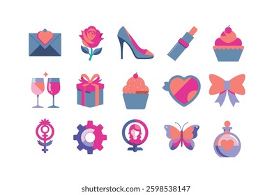 15 Women’s Day Elements Bundle – Wine, Rose, Gender Symbol, Cake, Gift Box, Butterfly More – Vector Icons