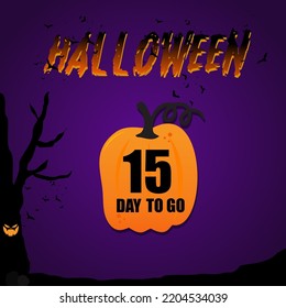 15 day to go halloween day, vector art illustration with fantastic font and nice violet purple color background. with cute pumpkin and eye on tree