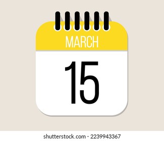 15 day March calendar vector. March month calendar page icon in yellow.