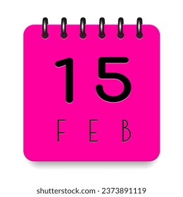 15 day of the month. February. Pink calendar daily icon. Black letters. Date day week Sunday, Monday, Tuesday, Wednesday, Thursday, Friday, Saturday. Cut paper. White background. Vector illustration.
