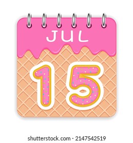 15 day of the month. July. Waffle cone calendar with melted ice cream. 3d daily icon. Date. Week Sunday, Monday, Tuesday, Wednesday, Thursday, Friday, Saturday. White background. Vector illustration.