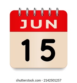 15 day of the month. June. Flip old formal calendar. 3d daily icon. Date. Week Sunday, Monday, Tuesday, Wednesday, Thursday, Friday, Saturday. Cut paper. White background. Vector illustration. 