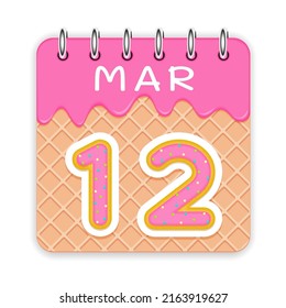 15 day of the month. March. Waffle cone calendar with melted ice cream. 3d daily icon. Date. Week Sunday, Monday, Tuesday, Wednesday, Thursday, Friday, Saturday. White background. Vector illustration.