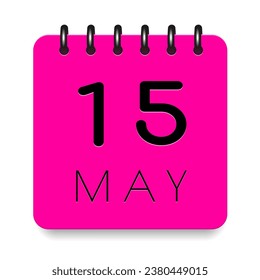 15 day of the month. May. Pink calendar daily icon. Black letters. Date day week Sunday, Monday, Tuesday, Wednesday, Thursday, Friday, Saturday. Cut paper. White background. Vector illustration.