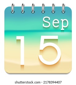 15 day of the month. September. Marine view  calendar daily icon. Date day week Sunday, Monday, Tuesday, Wednesday, Thursday, Friday, Saturday. Sea background. Vector illustration. Sea coast.