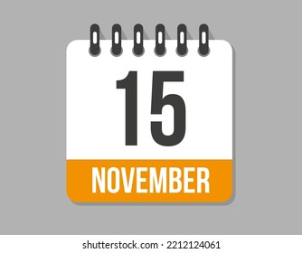 15 day november calendar icon. Orange calendar vector on light background for november month