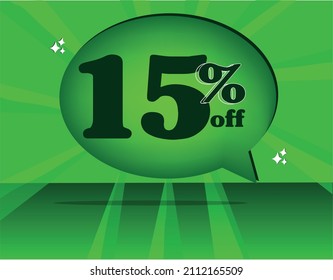 promoção 15% de desconto, balão de promoção, arte para empresas, cores verdes, quinze por cento de desconto, a venda, promoção, design, arte para venda