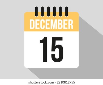 15 December calendar vector icon. Yellow december date for the days of the month and week