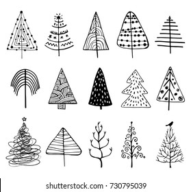 15 designs of Doodle Christmas Trees. to create holiday cards, backgrounds, ornaments, decoration