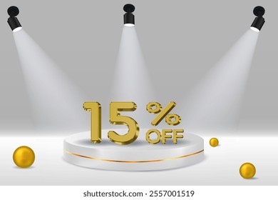 15% discount. 3D realistic golden number. white podium. Golden numbers. Template for products, advertising, web banners, flyers, certificates and postcards. Vector.