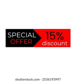 15% discount banner. Black and red banner. Offer tag. Shop promotions, commerce sales. Vector design. Fifteen percent off.