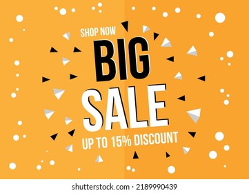 15% discount. Big sale for store and promotion. Banner on orange background.