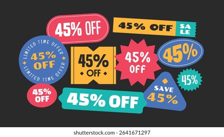 15% discount colorful sale stickers, patch, badge collection. Trendy online promotion tag elements.	
