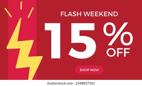 15 % discount coupon. Flash weekend. fifteen percent. Lightning. Promotion illustration. Red background.