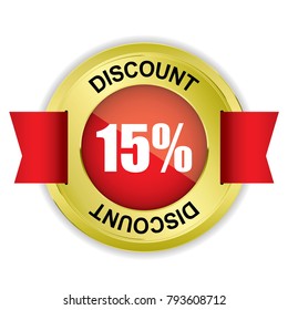 15% discount Gold badge with red ribbon, vector illustration