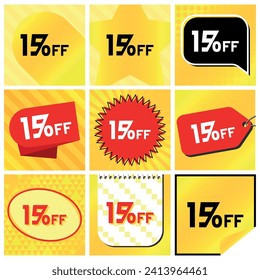 Juego de etiquetas de descuento del 15%, 9 variaciones - Estrella de bolas en franjas, Burbuja de voz, Cupón, Estampilla de estreno, Etiqueta de precio, Oval, Calendario, Pegatina. Fondo naranja amarillo
