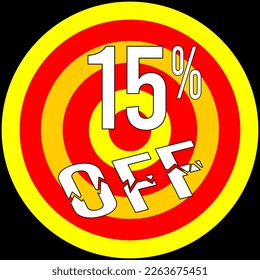 15% descuento, objetivo en rojo y amarillo sobre fondo negro.