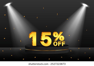 15% discount. Discount on creative composition. podium with golden confetti. Sale banner and poster. Vector illustration.