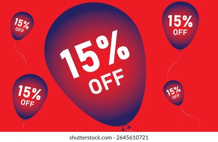 15% de réduction. Remise sur votre prix. Arrière-plan rouge composé de quatre ballons en rouge et bleu avec les chiffres en blanc..eps