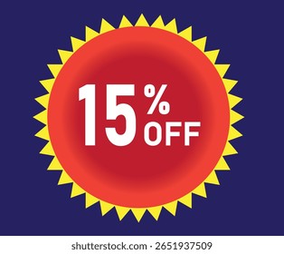 15% de desconto. Desconto em suas vendas. Porcentagem em branco dentro de um círculo vermelho com elementos gráficos amarelos ao redor. Fundo azul..eps