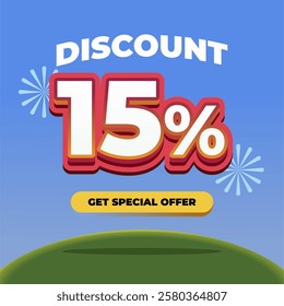 15% Discount Promotional Banner with 3D Text, Fireworks, Blue Gradient Background, and a Special Offer Button on a Green Hill with Eye catching Sale Advertisement Design