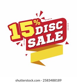 15% Discount Sale Banner with Bold 3D Text, Red and Yellow Color Scheme, and Modern Promotional Design for Special Offers and Discounts