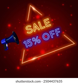 15% discount. Special mega sale offer, neon 15% off. Signage promotion. neon style..