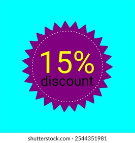 15% de descuento. Etiqueta púrpura y amarilla. Promociones de tiendas, ventas de comercio online. Quince por ciento de descuento.