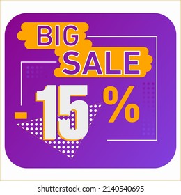 15 % discount vector illustration. Fifteen percent sales promotion. Rounded shape. Purple and orange colors. Gradient background.