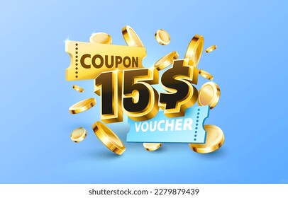 15 dollar coupon gift voucher, cash back banner special offer. Vector illustration