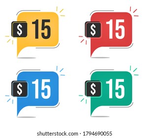 $15 dollar price. Yellow, red, blue and green currency tags. Balloon concept with fifteen dollars for sales.