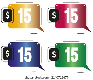 $15 dollars price. Yellow, red, blue and green coin labels. vector for sales and purchase