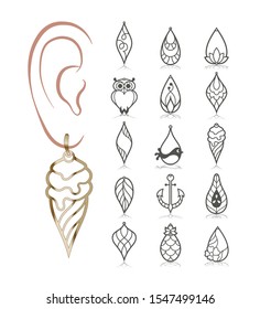 15 Earring Templates. Cutout silhouettes with ice cream, pineapple, owl, anchor, lotus, daisy. Design is suitable for creating dainty & charm jewellery. 