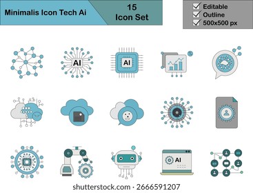 15 bearbeitbare Symbole für die KI-Technologie, darunter Chip, Cloud, neuronales Netzwerk, maschinelles Lernen, Chatbot und Automatisierung. Perfekt für Technik, Apps, Web und Präsentationen.