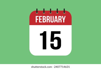 15 February calendar icon. Green calendar vector for February weekdays. Calendar page design on isolated background