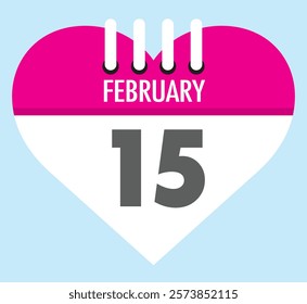 15 February calendar icon heart shape on light sky blue color background, calendar vector symbol for the month of February.