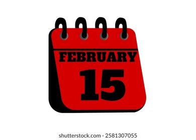 15 February calendar icon text page monthly web design on red, black and white background vector, icon, or illustration with the month of February 15