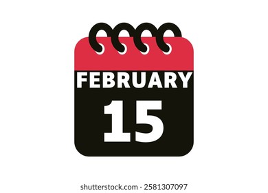 15 February calendar icon text page monthly web design on red, black and white background vector, icon, or illustration with the month of February 15
