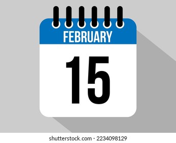 15 february calendar vector icon. Blue february date for the days of the month and the week on a light background