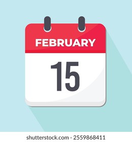 15 February Daily Calendar Icon 3d style red and white with light blue background 