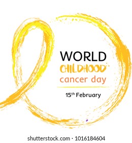 15 of February World Childhood Cancer Day vector illustration. Tape for the World Children's Day cancer patients. Watercolor golden crayon Hand drawn ribbon. Design template poster,banner,flayers,web.