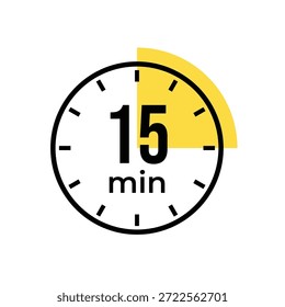 15 or fifteen minute Timer, clock, stopwatch isolated icons. Countdown timer symbol. Label cooking time. Minute timer, Time measure, Chronometer, Alarm, Kitchen timer, label, sticker, stamp. Vector