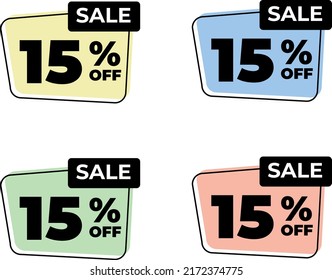 15% fifteen off tag percent discount sale black letter yellow blue green pink background